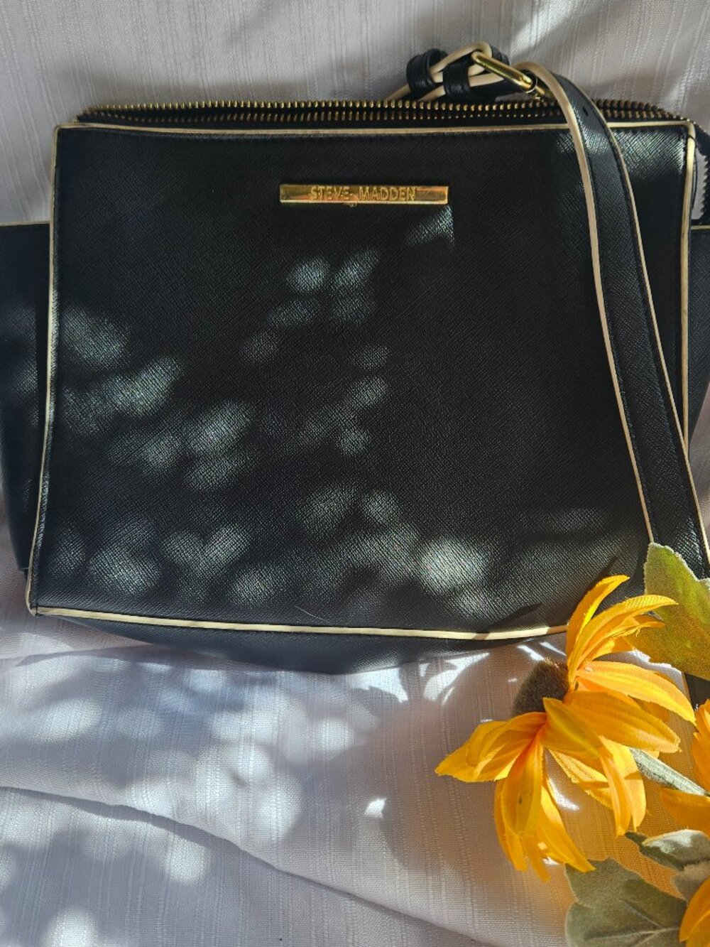 Sleek Steve Madden Crossbody 6x8 Inch Rectangular Faux Black Leather Purse